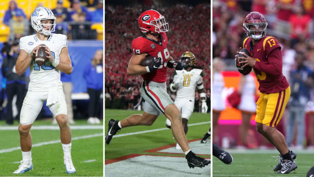 Drake Maye holds the football ready to throw; Brock Bowers holds the ball under one arm and runs into the endzone; Caleb Williams steps back ready to throw